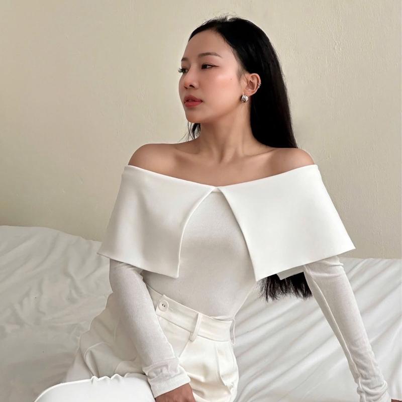 Miolady - Áo Thun Trễ Vai Phối Trắng 2 Lớp, Áo Thiết Kế Dài Tay, Thân Áo Thun Co Dãn Mềm Mại, phần trễ vai vải đứng form Top