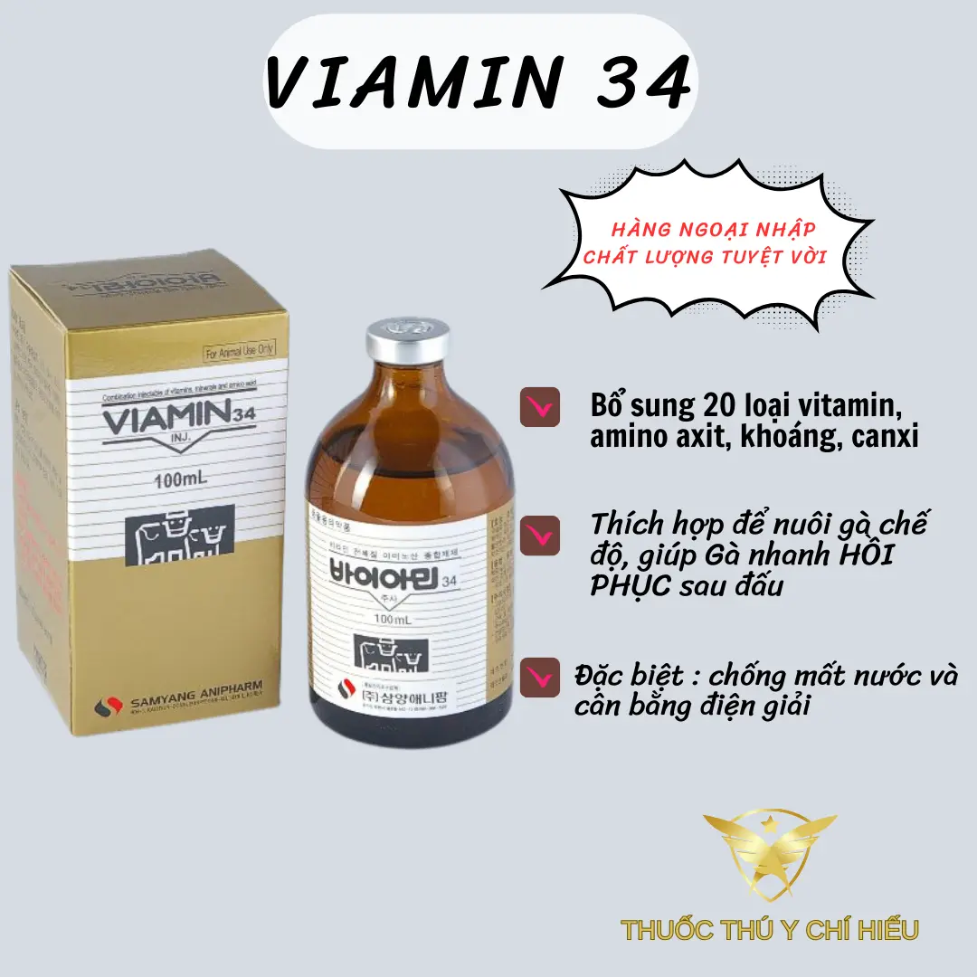 HÀNG NHẬP KHẨU - [ VIAMIN 34] Bổ sung 20 loại vitamin , acidamin, khoáng, canxi, giúp nâng cao sức đề kháng, nhanh hồi phục sau ốm. Chống mất nước và cân bằng điện giải. Dùng cho gà nuôi chế độ cung cấp vitamin, dung dịch tiêm 100ml