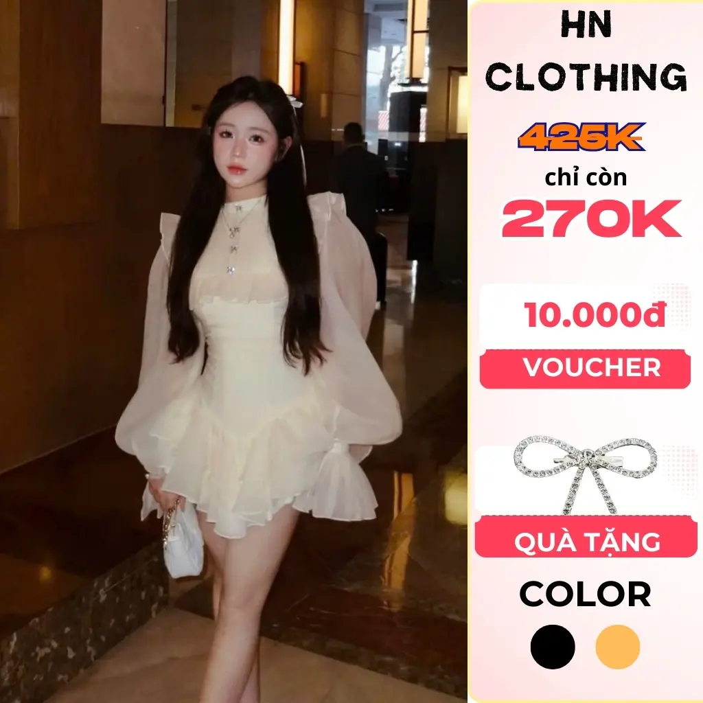 Váy nữ tay bồng cổ tròn đính nơ đi chơi đi tiệc đầm thiết kế xếp tầng sang chảnh HN Clothing V292 Women Nhung Dress Tre