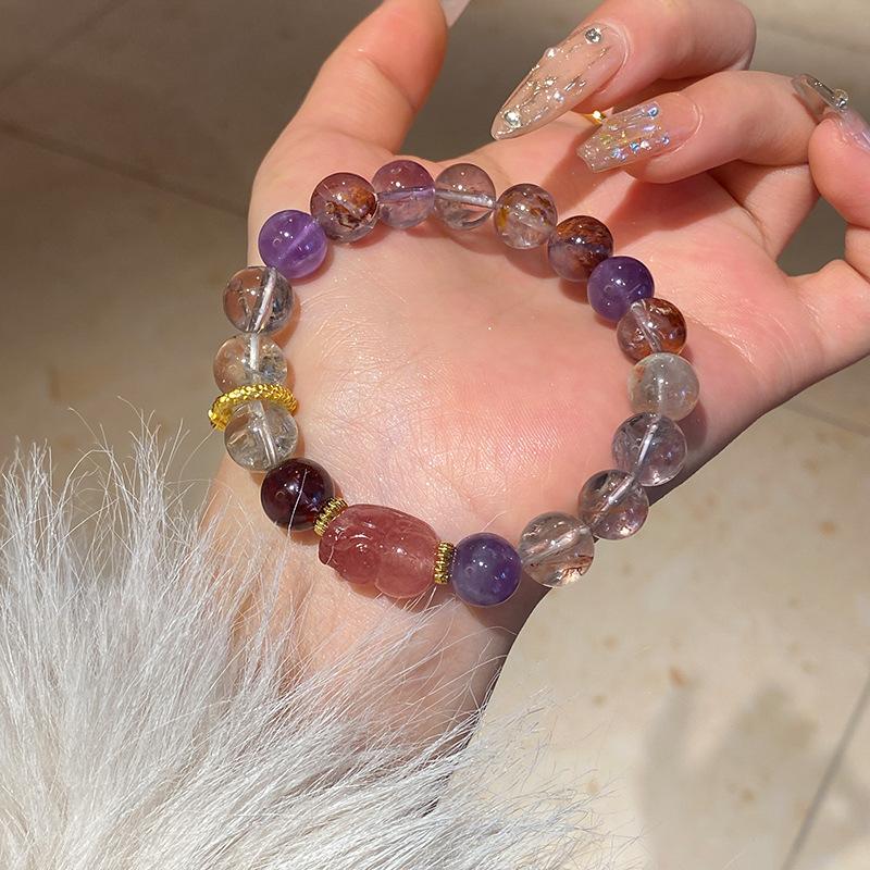 Product Introduction of Pixiu Snake Light Purple Crystal Strawberry Quartz Ball Bracelet Light Luxury High-end Crystal Bracelet New Chinese Style Women's Jewelry 8