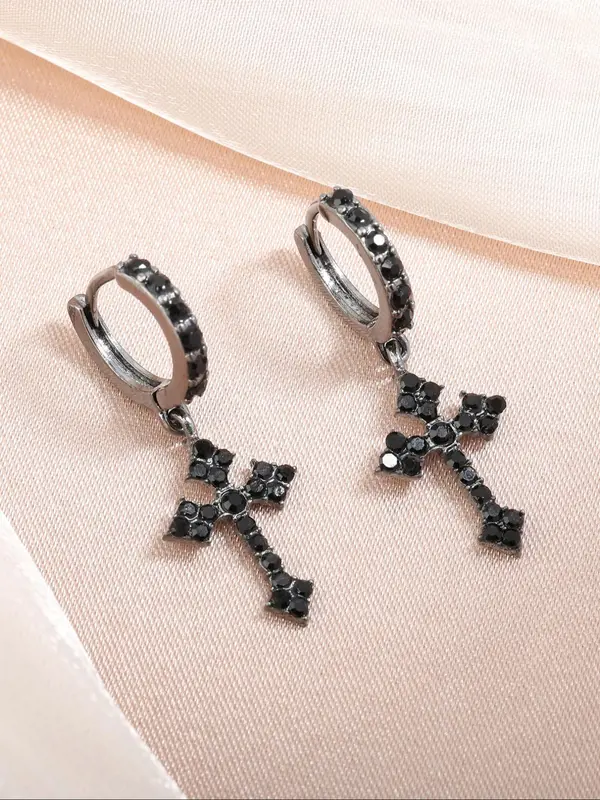 Punk Style Rhinestones Decor Cross Design Dangle Earrings As Gift, Matching Jewelry for Daily Decoration, Streetwear Goth Accessory for Musical Festival 4