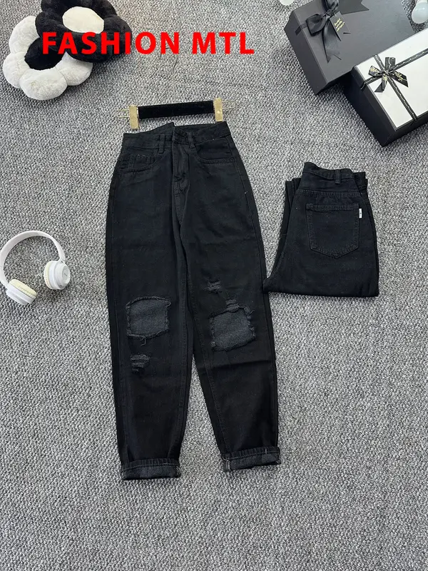 Quần jean baggy nữ màu đen rách gối, cạp cao cá tính kiểu dáng hàn quốc Pants Women mã 522 1
