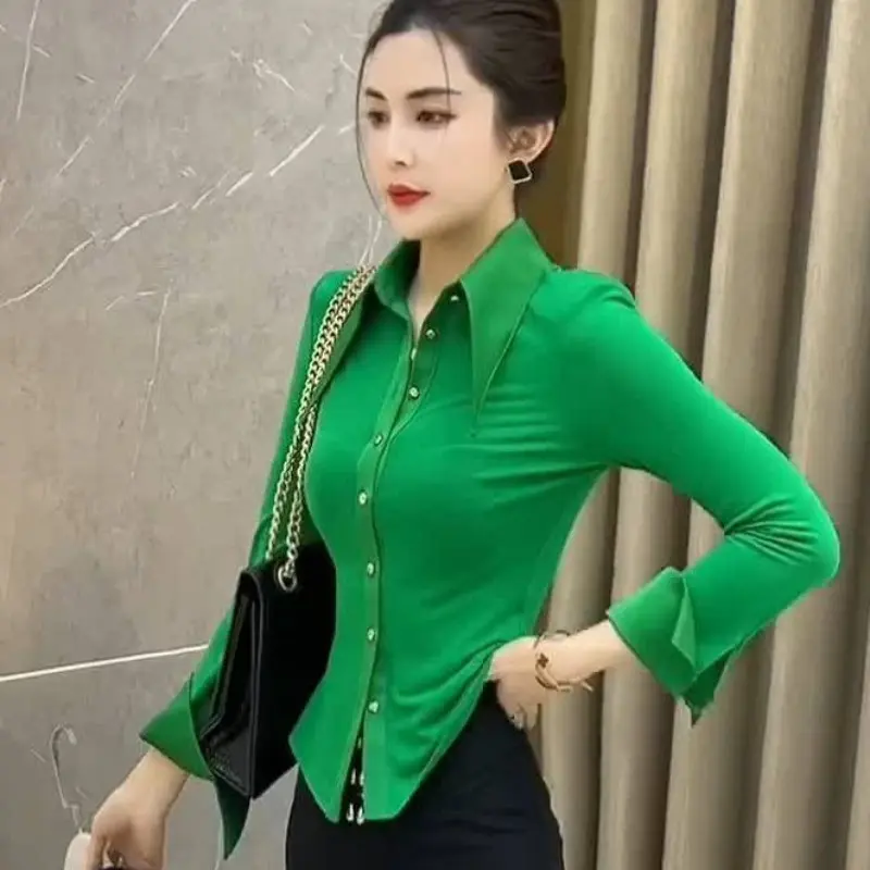 Áo Sơ Mi Xanh Lá Cây, Dành Cho Nữ, Áo Cánh Dài Tay, Mỏng Vừa Vặn, Phong Cách Hàn Quốc, Thời Trang Mới, Thích Hợp Mặc Công Sở, Áo, 2024 5
