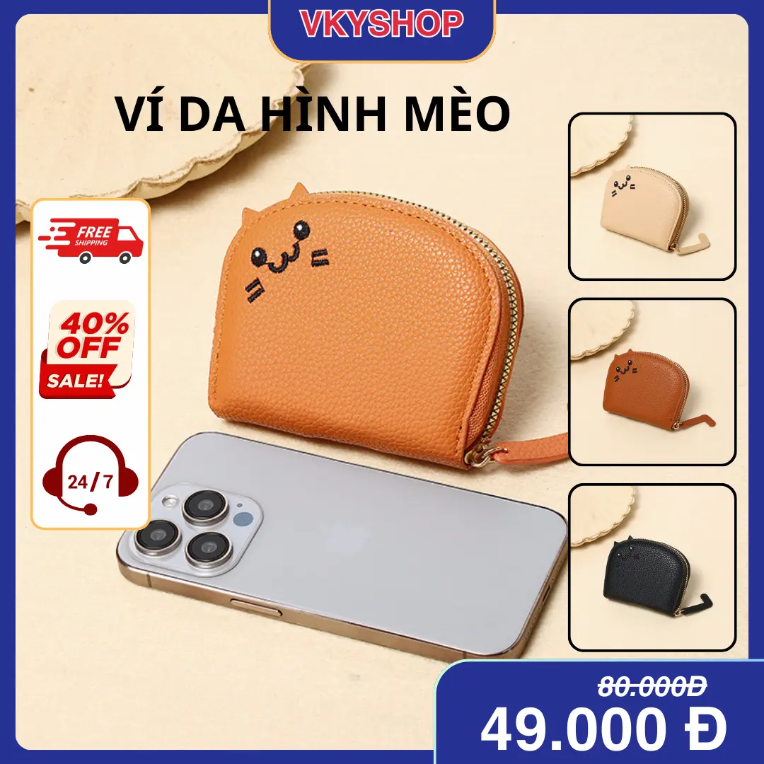 [VKYSHOP]Ví Đựng Thẻ Hình Mèo Da PU, Dành Cho Nữ, Nhỏ và Dễ Thương  Nhiều Ngăn Chống Nước - Có Khóa Kéo An Toanf
