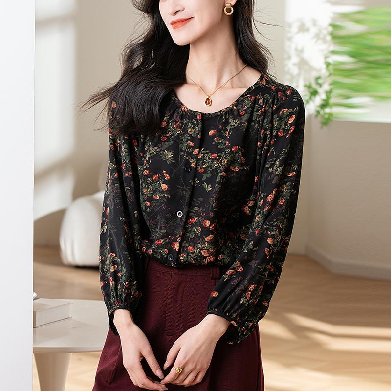 Vintage floral chiffon blouse, round neck, top, puff sleeves, loose fit, casual style, available up to 3XL