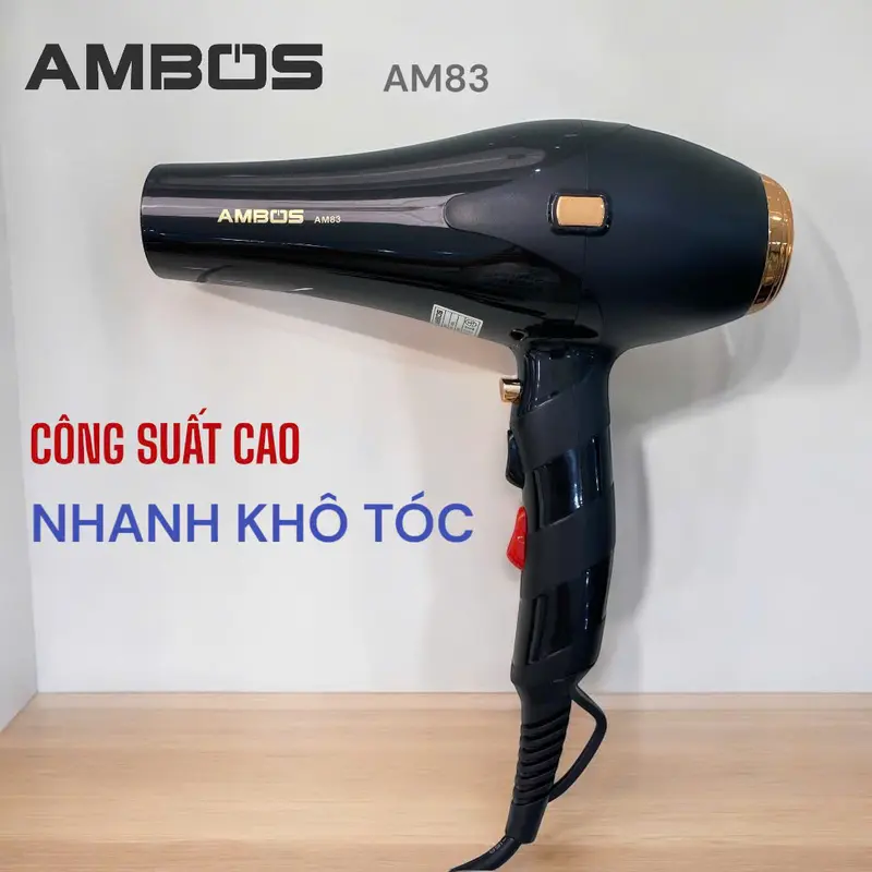 Máy sấy tóc Ambos bản Cao Cấp AM83 sấy 3 mức nhiệt nóng lạnh, ion âm và ánh sáng nano xanh giúp mượt tóc chống khô xơ, có chế độ ngắt bảo vệ quá nhiệt, lực sấy mạnh, bảo hành đổi trả toàn quốc 4