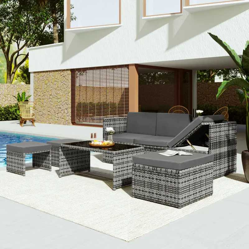All-Weather Rattan Outdoor Furniture Set - Silver Wicker Sectional Sofa with Coffee Table & Machine-Washable Cushions, Patio Conversation Set for Garden, Balcony or Deck Couches 4