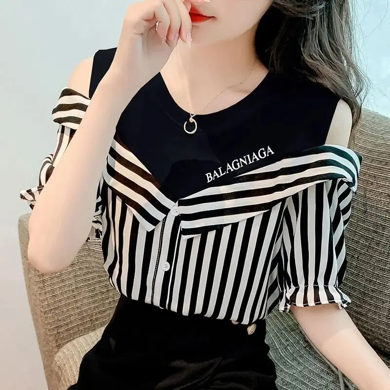 Áo Phông Nữ Trễ Vai Hàng Mới Về Mùa Hè, Hai Mảnh Giả, Áo Sơ Mi ngắn Tay Dáng Ôm Trẻ Trung, Thời Trang Và Sang Trọng, Áo Cho Nữ