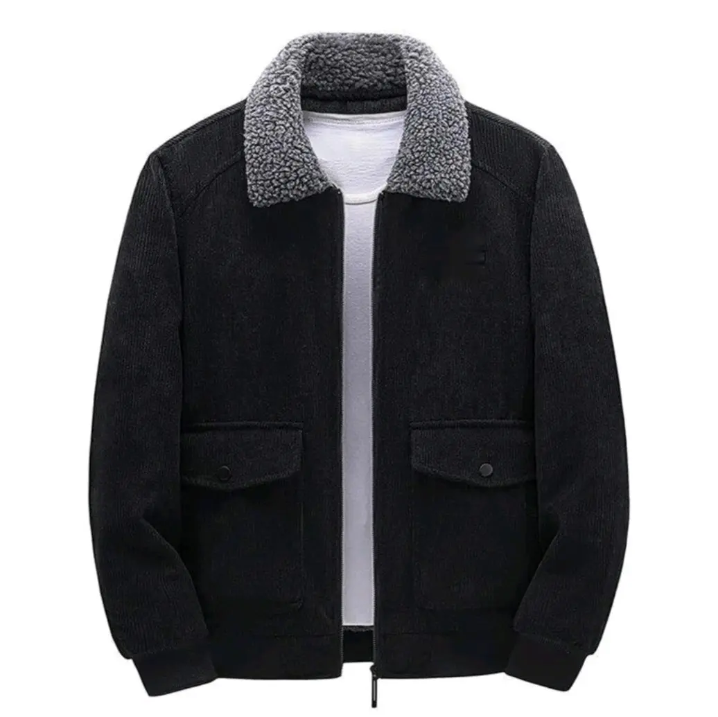 Jaket Coduroy Sherpa Bulu Berkualitas Tinggi - Hitam Tebal untuk Pria - Keren,