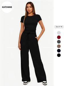 Women's Minimalist Solid Color Two-Piece Set Round Neck Short Sleeve Shirred Slim Top & Drawstring Waist Trousers Co-ord