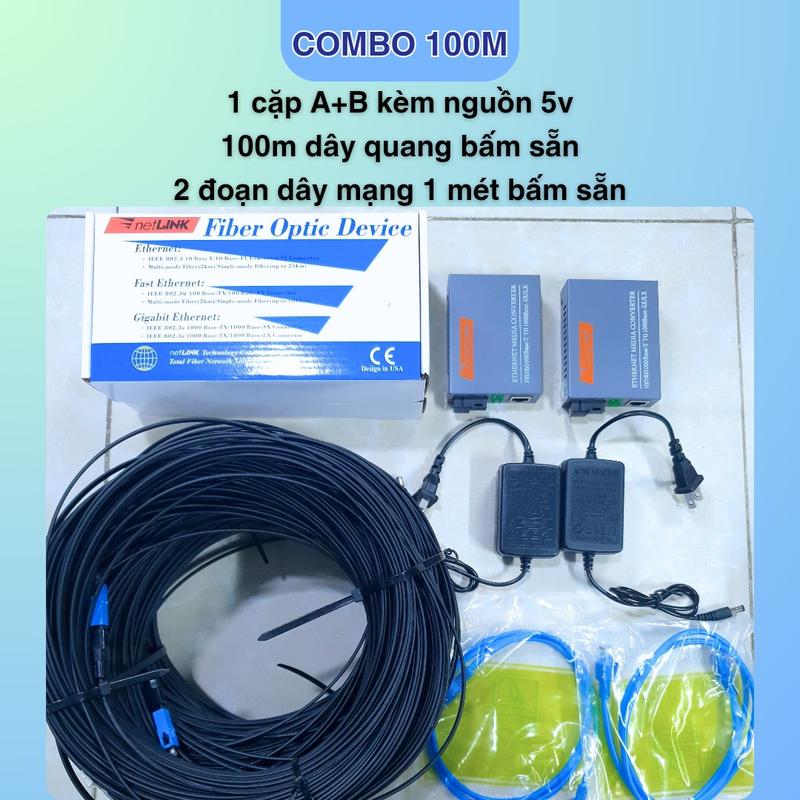 Combo Bộ chuyển đổi quang điện + 100m quang + 2 đoạn dây mạng, converter 1000Mbs HTB-GS-03(A+B)