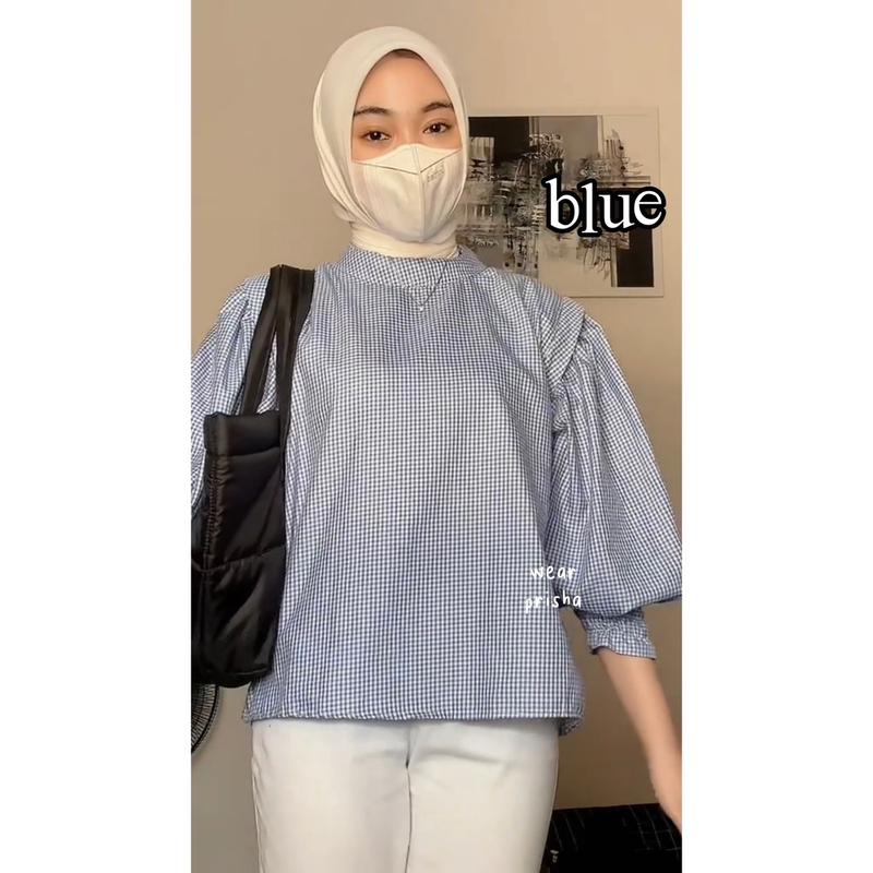 [WEAR PRISHA] ARUNA GINGHAM TOP PUFFY BLOUSE | ATASAN MOTIF TARTAN KOTAK BLUS KATUN LENGAN BALON Katun Baju Wanita Panjang 5