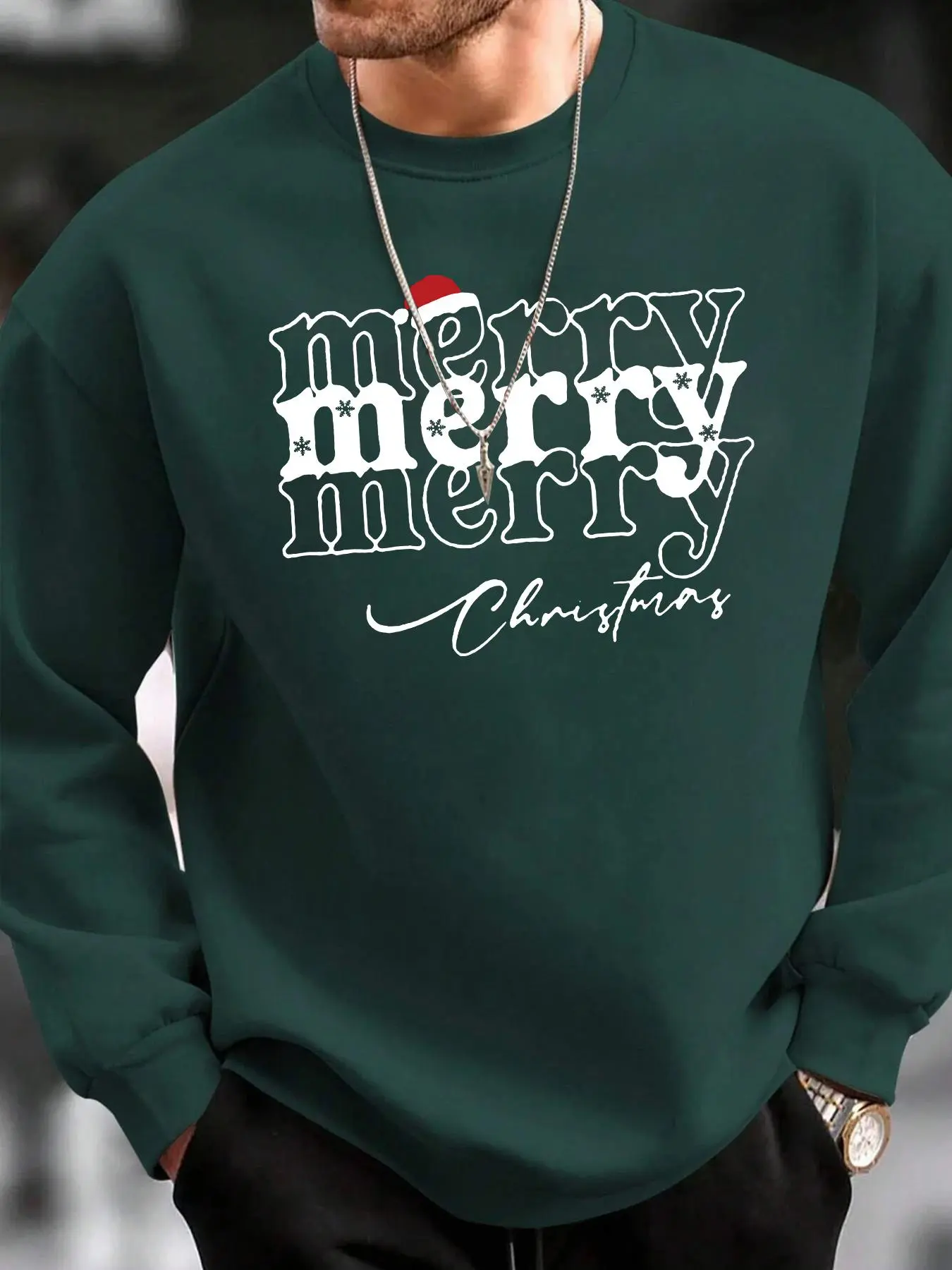 Men's Merry Christmas Print Sweatshirt, Casual Regular Fit Long Sleeve Crew Neck Pullover for Fall & Winter, Men's Clothes for Daily Wear