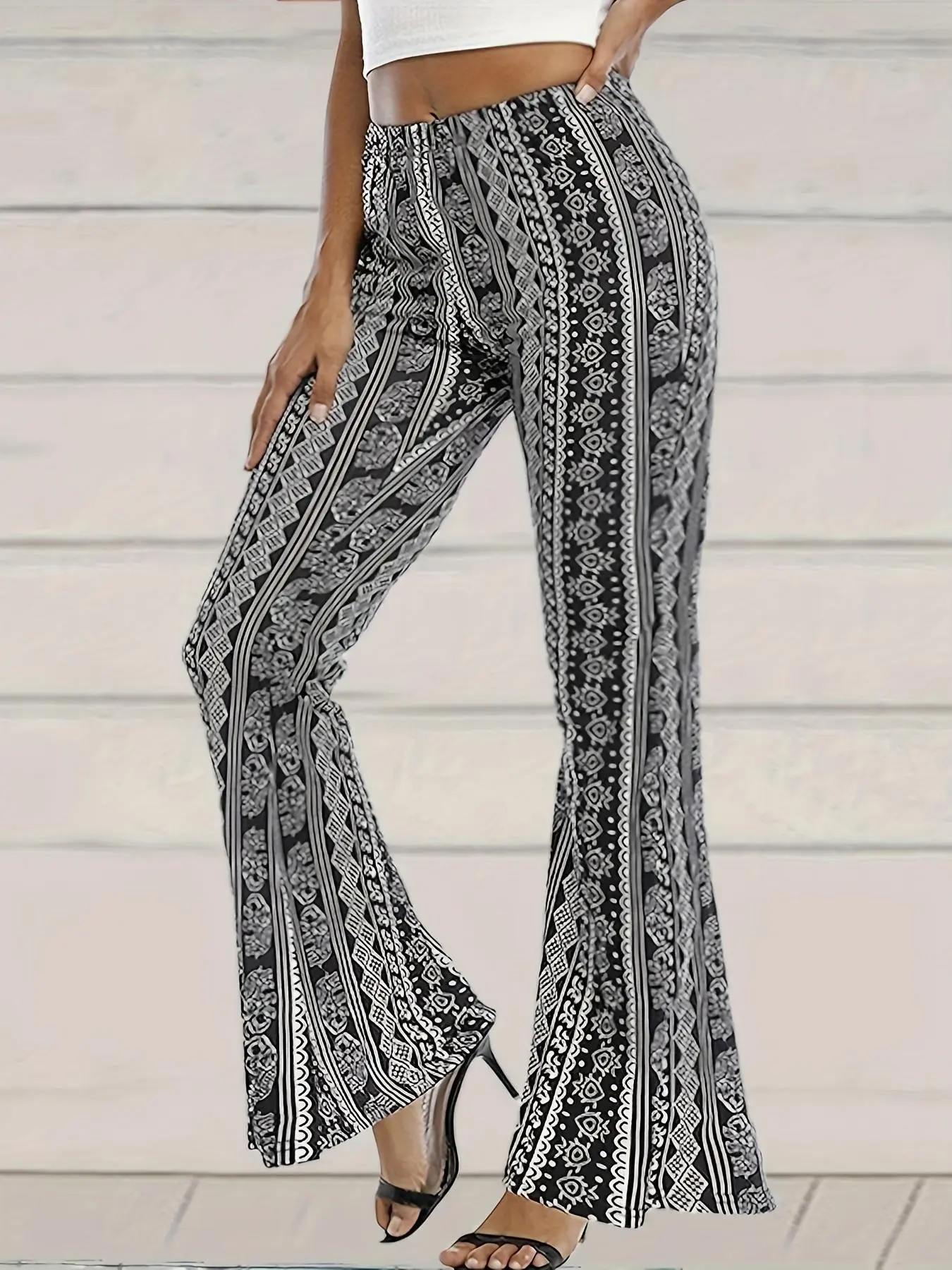 Women's Ethnic Pattern Elastic Waist Flare Leg Pants, Summer Clothes Women Boho Casual High Waist Bell Bottom Trousers for Holiday Vacation, Summer Clothes, Ladies Bottoms For Summer Spring Fall Valentine's Day, gift