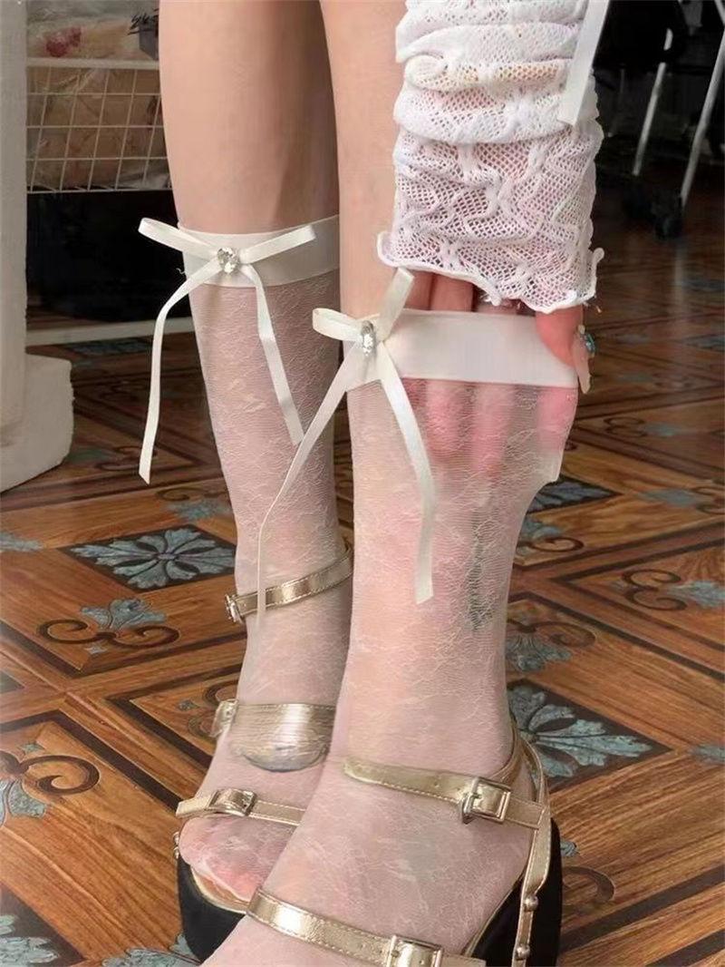Product Introduction of New thin socks, summer ballet style, thin and versatile, rhinestone bow stockings, lace socks 3