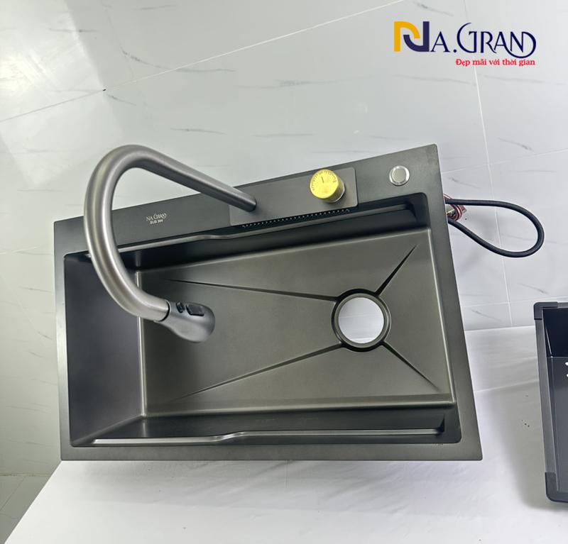 CHẬU+VÒI CHẬU DÀY 3ly Chậu Rửa Chén Bát 1 hộc CAO CẤP VÀ VÒI RÚT HIỆN ĐẠI,CHẬU PHỦ NANO ĐEN CHỐNG TRẦY N20 7546 KHAY VÀ THỚT và xả 8