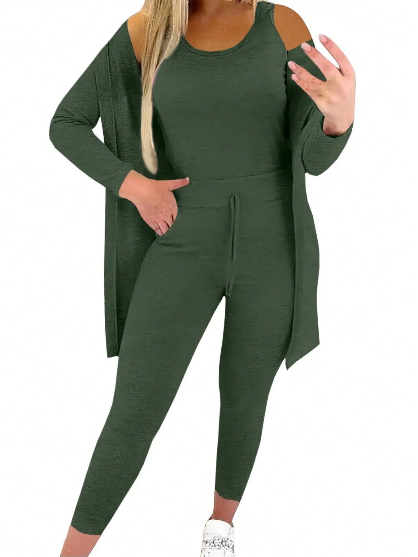 Women's Solid Color Three-Piece Set, Casual Round Neck Tank Top & Drawstring Waist Pants & Open Front Long Sleeve Outwear Set for Daily Wear, Ladies Clothes for All Seasons