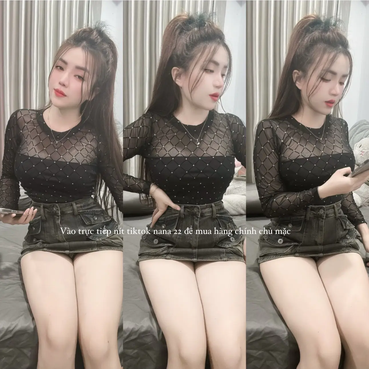 Áo lưới  kẻ ô vuông dán kim tuyến (nd )from nữ