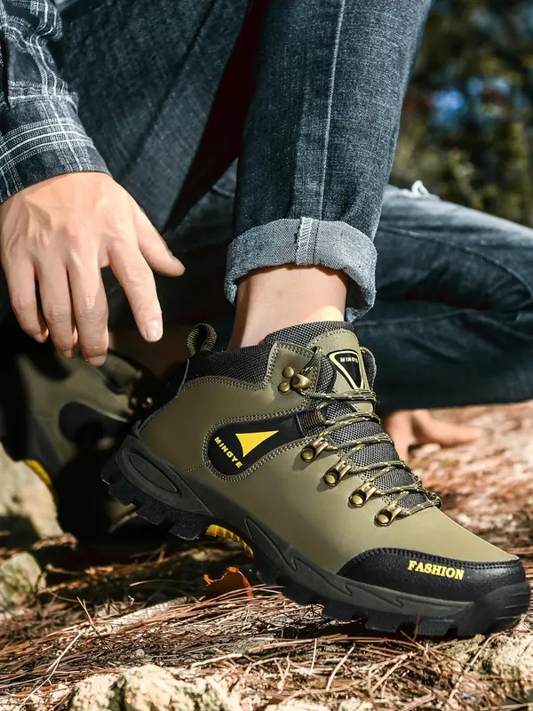 Men's 2024 Trendy Contrast Letter Print Lace Up Hiking Boots, Outdoor Sporty Mid Top Sneakers, Men Shoes for Summer Hiking Climbing Outdoor Activities, Rave Shoes, Gym Shoes, , Women Hiking Boots 1