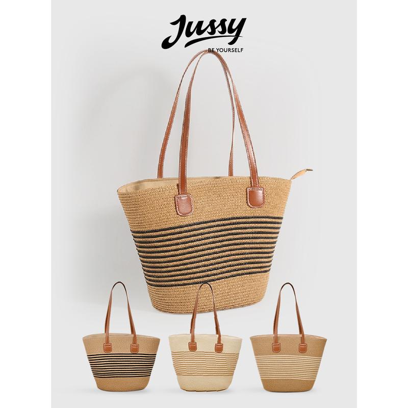 Túi Cói Sọc Ngang Quai Da Cao Cấp JTUI04 Jussy Official Túi Cói Đi Biển Mẩu Mới