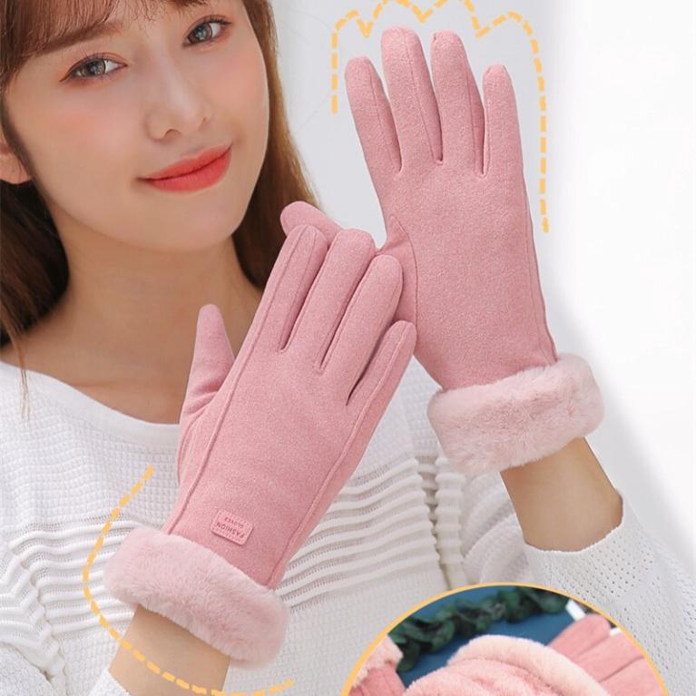  【Hot Găng tay giữ nhiệt "mẫu da lộn " - Găng tay nữ Thời trang mùa đông lông vũ Cao Su 