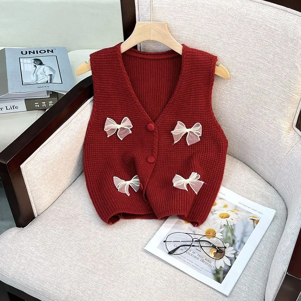 Áo Vest Không Tay Ngắn Màu Đỏ, Phong Cách Cổ Điển, Dệt Kim, Dành Cho Nữ, Có Thể Mặc Ngoài Trời, Thích Hợp Cho Mùa Thu, Hàng Mới Về Năm 2024 Top Women