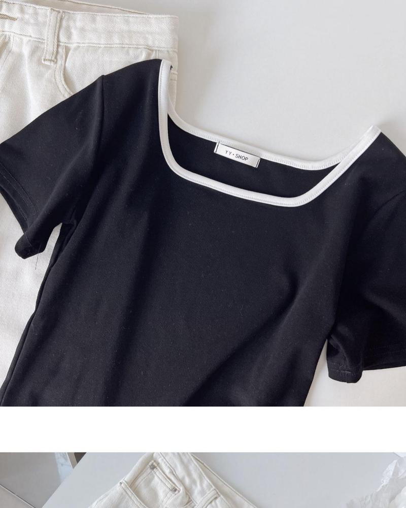 Product Introduction of Kemeja-T Kolar Persegi Perancis, Diskaun 2024 Musim Bunga dan Musim Panas, Warna Pepejal Pendek, Slim Fit Wanita, Boleh Dipakai Di Dalam, Atasan Kecil Langsing, Lengan Pendek 26