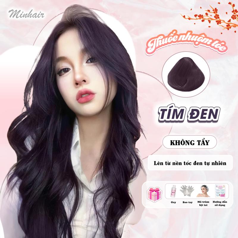 Thuốc nhuộm tóc Tím Đen, tặng kèm oxy trợ dưỡng và bao tay, Minhair Women Đổi Màu Tóc