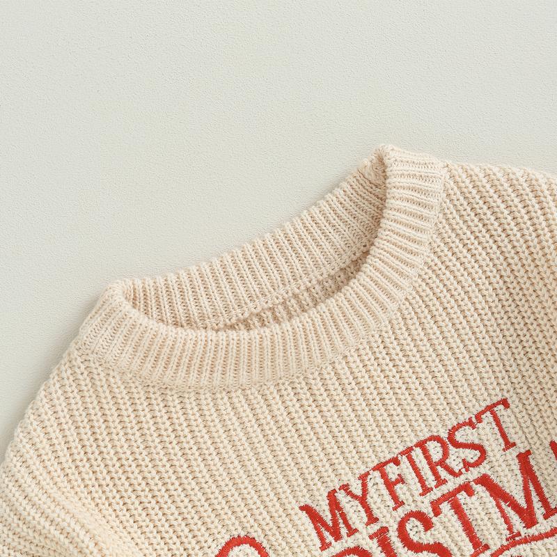 Baby Girls Christmas Knit Sweater Beige Long Sleeve Letter Print Pullover Knitwear 8