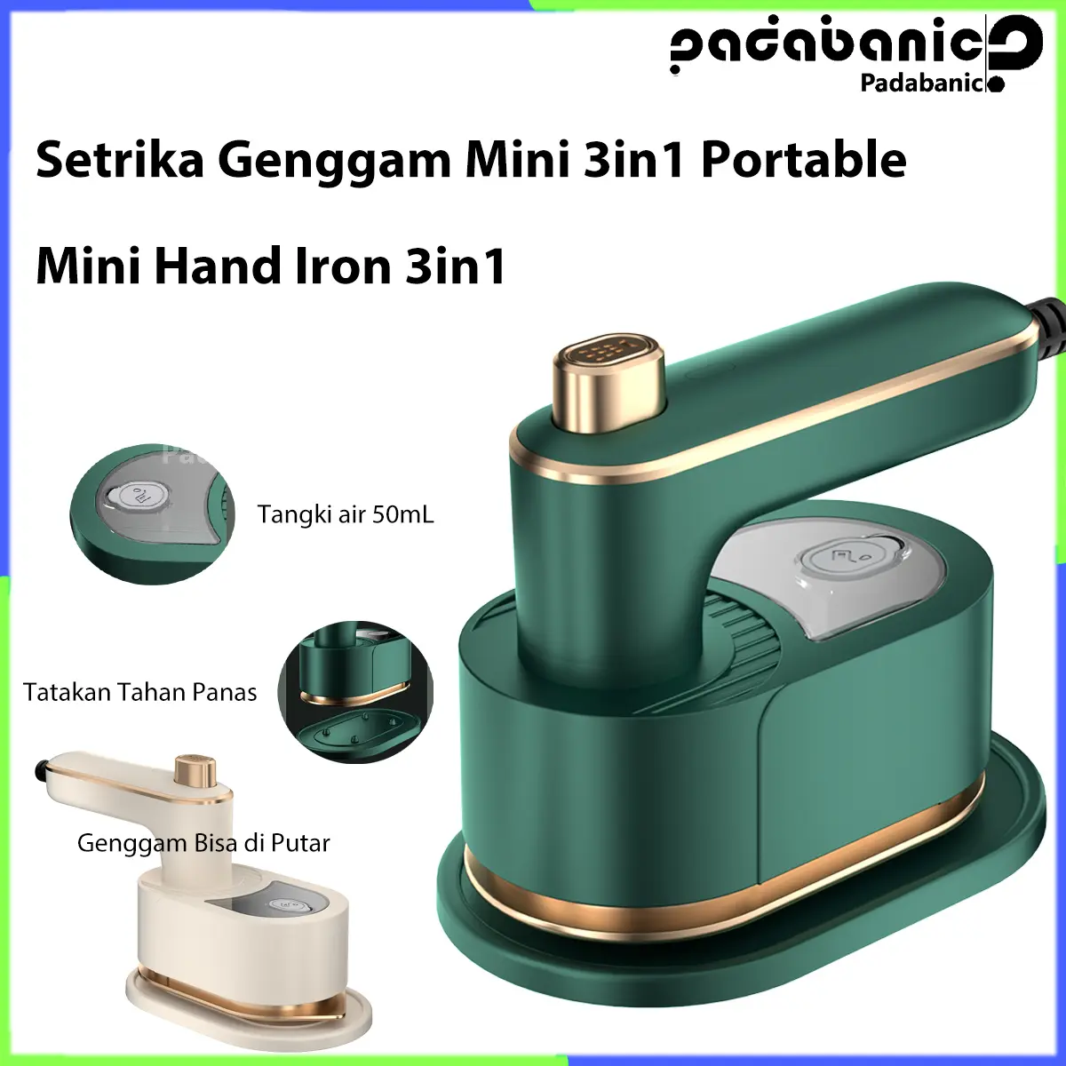 PADABANIC Setrika Spray Mini Portable 6950 3in1  Hemat Energi | Setrika Listrik Mini yang Dapat Diputar 180 Derajat, Ramah untuk Perjalanan, Ringan dan Mudah Digunakan