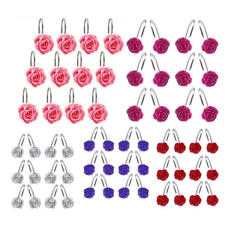 Product Introduction of 12Pcs Smooth Glide Rose Flower Design Shower Curtain Hook Free Sliding Decorative Hooks Shower Curtain Rings Rustproof Anti-Drop Shower Rod Ring Bathroom 12