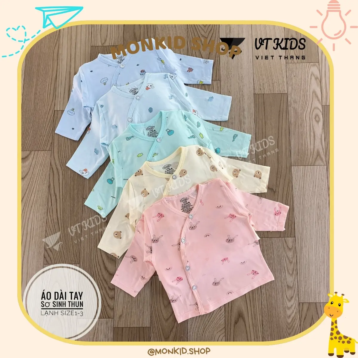 Combo 5 áo sơ sinh dài tay mềm mại thấm hút mồ hôi cho bé sơ sinh 0-9 tháng
