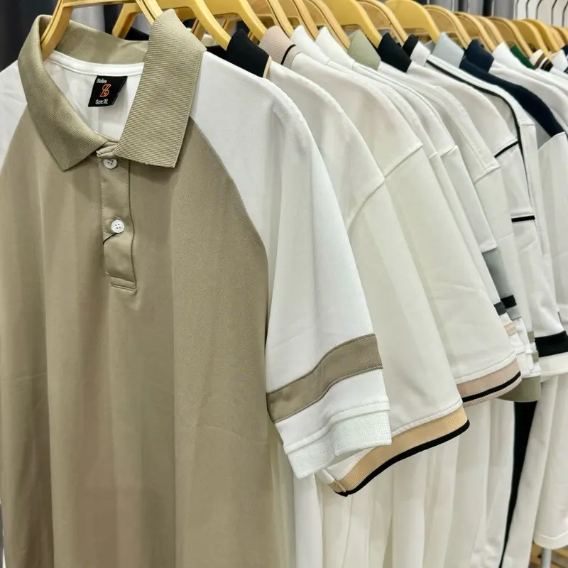HAIPO082/92- Áo Polo nam raglan nâu rêu/ nâu cà phê/ trắng/ đen, tay sọc, vải poly cá sấu, co dãn 4 chiều 5