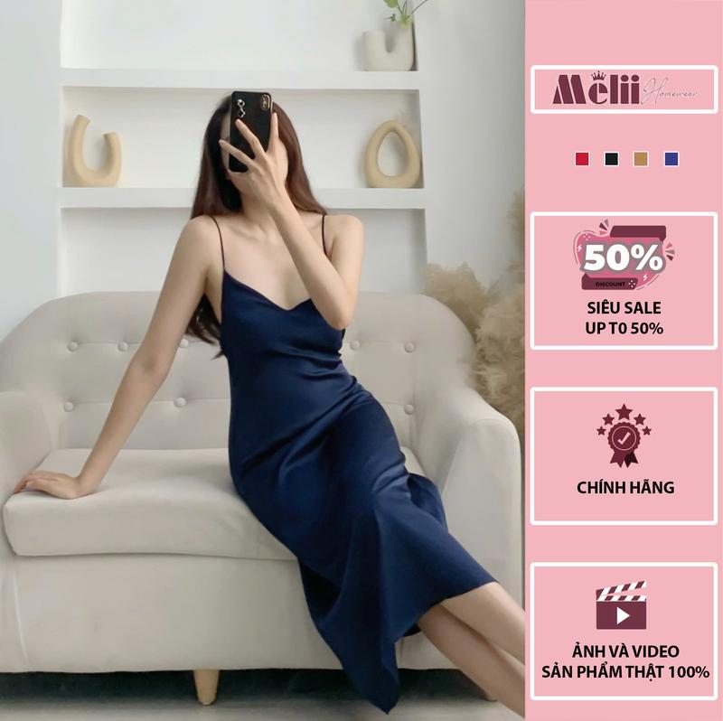 Váy lụa tơ Pháp 2 dây tôn dáng sang chảnh có 4 màu HOT Nữ Váy Ngủ Nữ Váy Ngủ Đen MELLI - Nhung, Kem