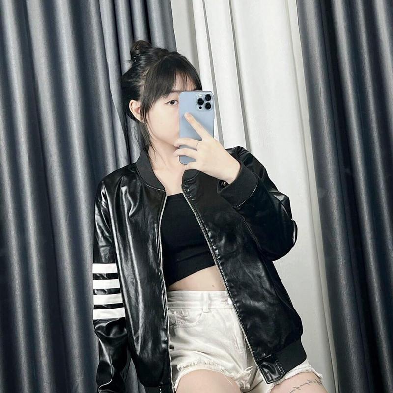 Bản áo khoác bomber Da 4 vạch thêu trắng siêu cấp Jacket Đen Nam Nữ Top Women 0