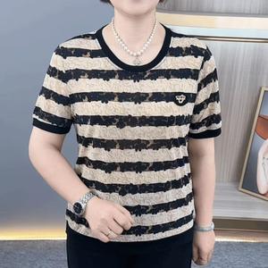 Elegant Short Sleeve Tshirt For Middle Aged Ladies Stripe Shirts New Style Tops