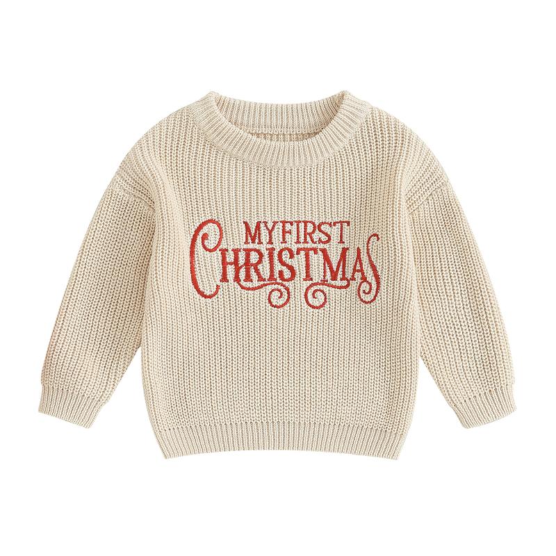 Baby Girls Christmas Knit Sweater Beige Long Sleeve Letter Print Pullover Knitwear 0