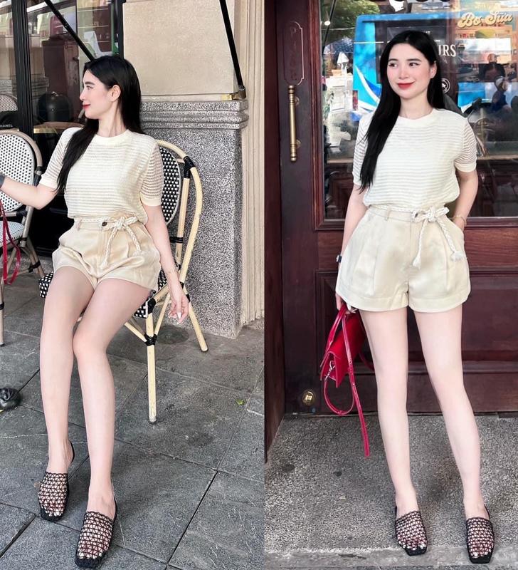 Set Bộ Áo Len Lưới Be Quần Short Kèm Thừng Thắt Đai Cổ Tròn Ngắn Tay TTN030 Kem Nữ Top Women