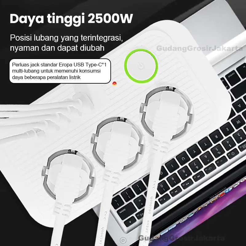 2500W Stop Kontak USB Kabel Serbaguna Multiguna Panjang 2 Meter Original Power Socket 3 Colokan+ 1 TYPE-C + 4 USB Putih/Hitam Tembaga 4