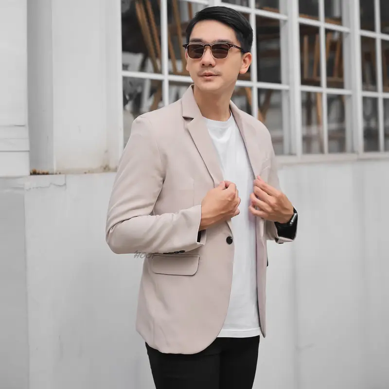 Jas blazer pria slimfit casual warna cream khaki kantor nongkrong santai 2