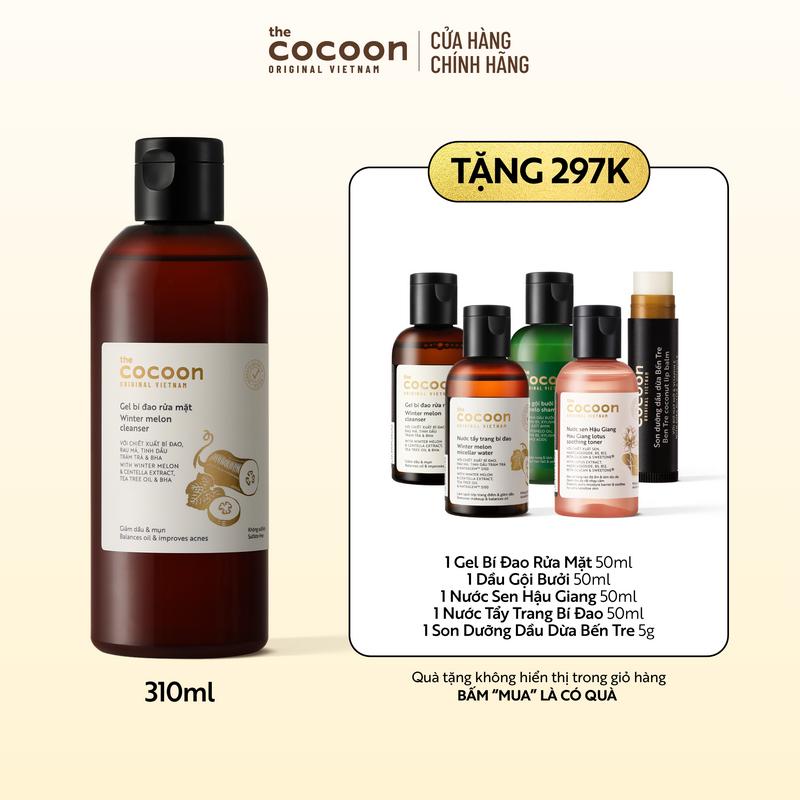 [COMBO MUA 1 TẶNG 5] Bigsize - Gel bí đao rửa mặt Cocoon giảm dầu & mụn 310ml Tặng 1 Gel bí đao rửa mặt 50ml + 1 Nước sen Hậu Giang 50ml + 1 Nước tẩy trang bí đao 50ml + 1 Dầu gội bưởi 50ml  + 1 Son dưỡng dầu dừa Bến Tre 5g