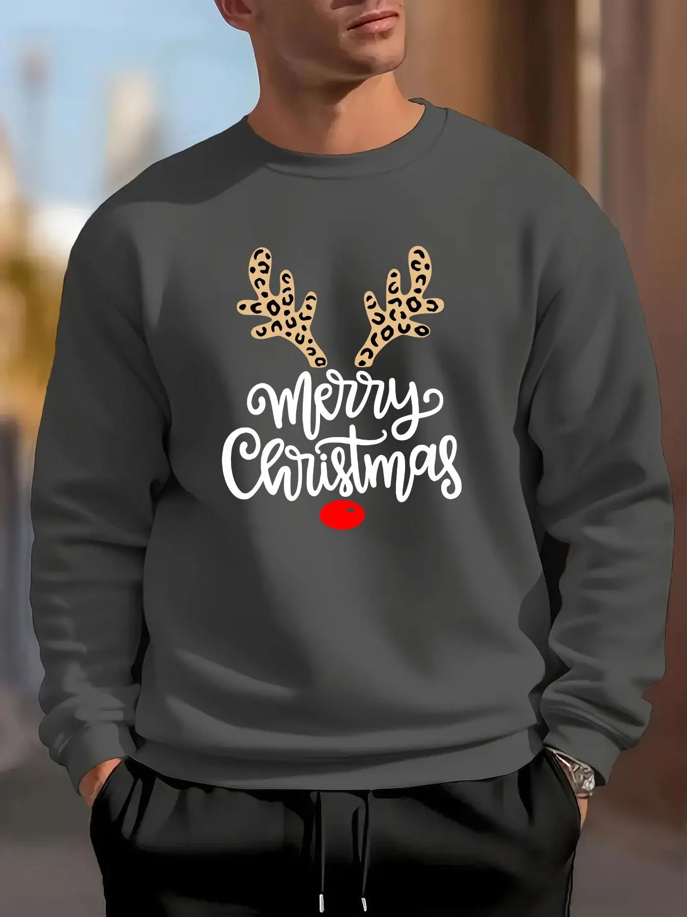 Men's Christmas Themed Cartoon Reindeer Letter Print Drop Shoulder Sweatshirt, Regular Fit Casual Soft Comfy Long Sleeve Round Neck Pullover for Daily Wear, Men's Top for Fall & Winter