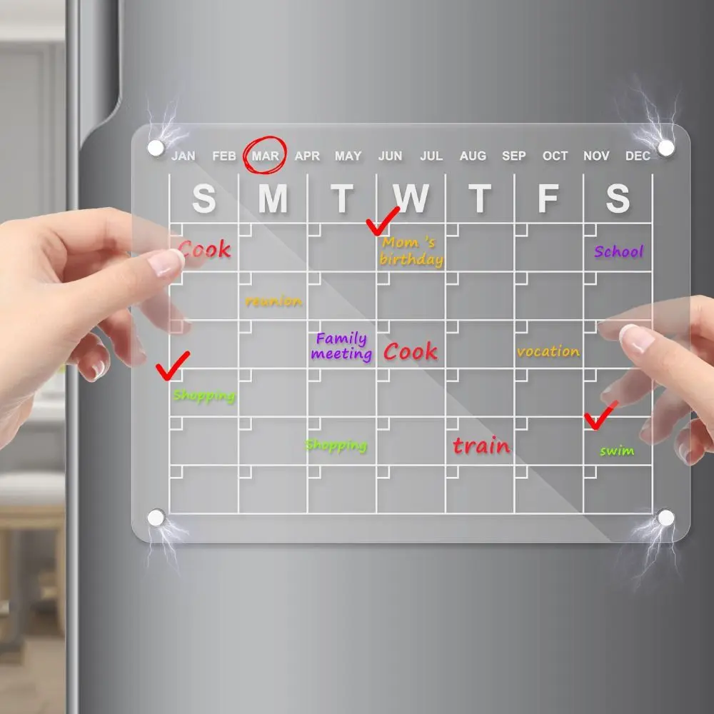Notice Board Clear Monthly Weekly Planner Transparent Reusable Magnetic Calendar Board Wipeable with Pen and Eraser Fridge Magnet Sticker Office