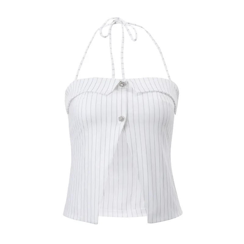 SS24 Women Stripe Tank Tops Buttons Slit Halter Neck Sleeveless Vests Summer Backless Short Tops Streetwear