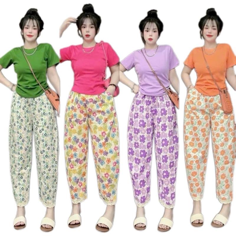 ( có size ) LIVE S88 Set bộ đồ nữ xinh, áo cổ tròn tay ngắn form ôm- thun gân co giãn , quần baggy hoa chất đũi thô , có túi set  bonu