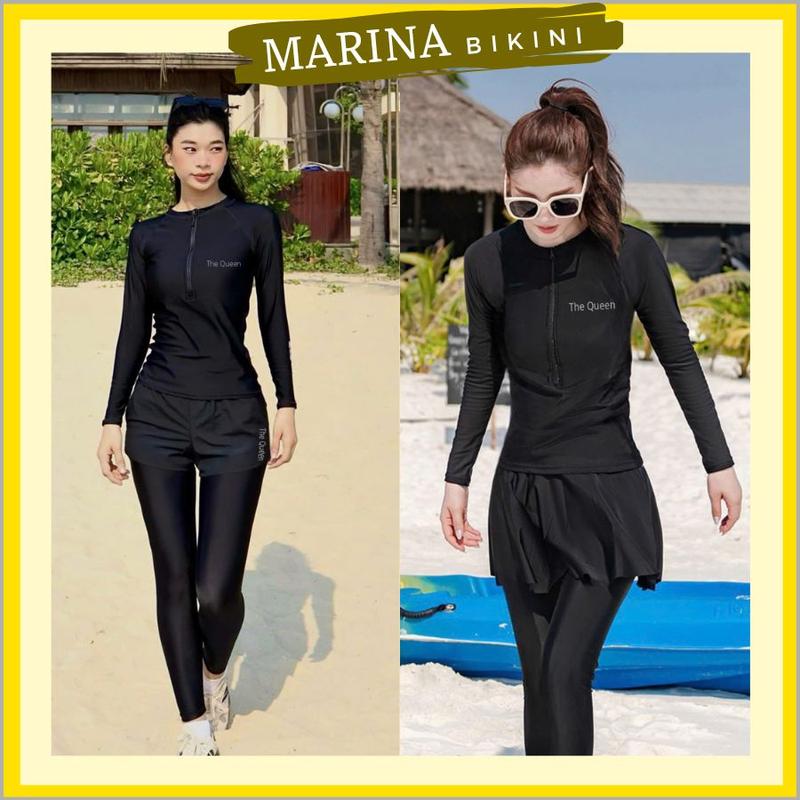 Bộ đồ bơi nữ đi biển quần dài 2 lớp và váy áo tay dài bikini kín đáo ninja màu đen Marina044