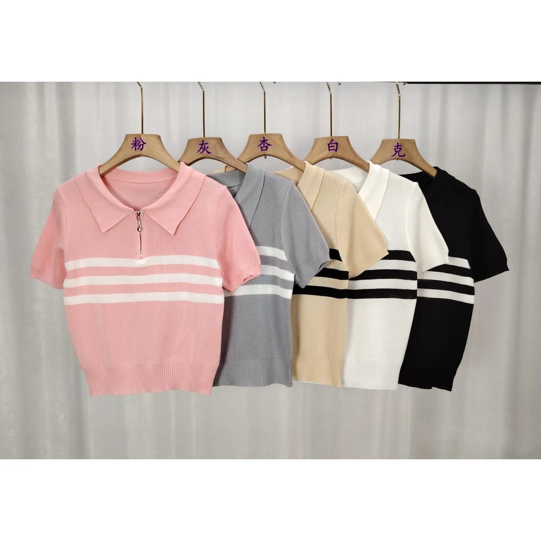 Áo Len Mỏng, Cổ Polo, Sọc, Ngắn Tay, Dệt Kim, Dành Cho Phụ Nữ, Mặc Mùa Hè, Có Khóa Kéo, Ngực Nửa Mở, Mỏng Vừa Vặn, Thường Ngày, Dễ Phối Đồ, Áo