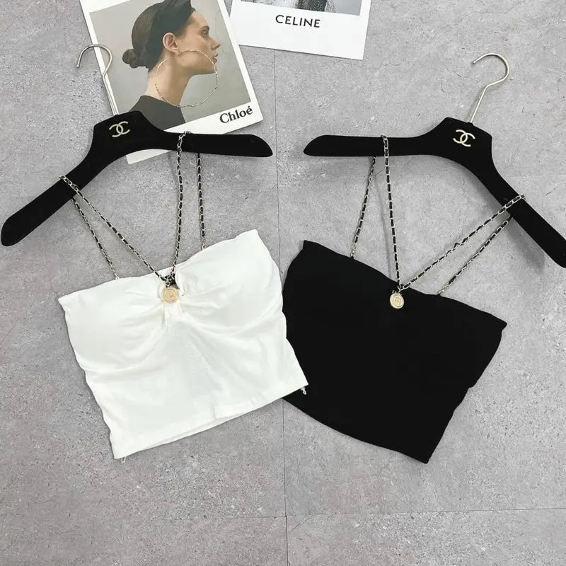Có mút ngực Áo Yếm Croptop Dây Phối Xích Cúp Bo Tròn Mút Ngực alohashop91 1