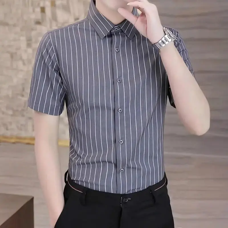 Áo sơ mi nam kẻ sọc tay ngắn lụa hàn họa tiết Thời Trang Menswear Có Cổ sominam  dep 5