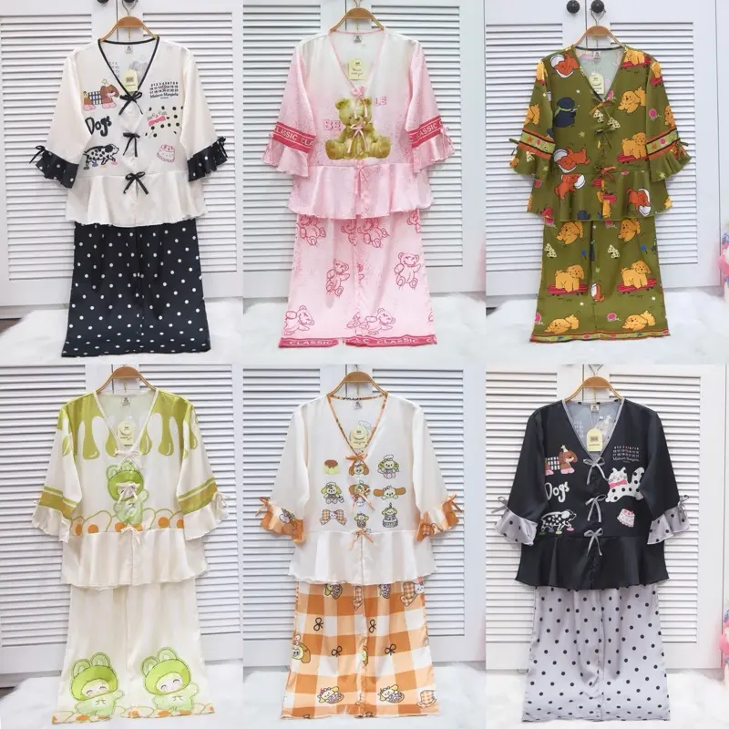 Đồ Bộ Tiểu Thư Tay Loe Lụa Latin 2CE, Pijama Nữ Mặc Nhà ( từ 40-56kg ) Nữ Áo Women  Nhung Quần Ngủ Kem Tim đồ  ngủ tay loe pijama  phối callia  pijama Voi valentine day 14-2